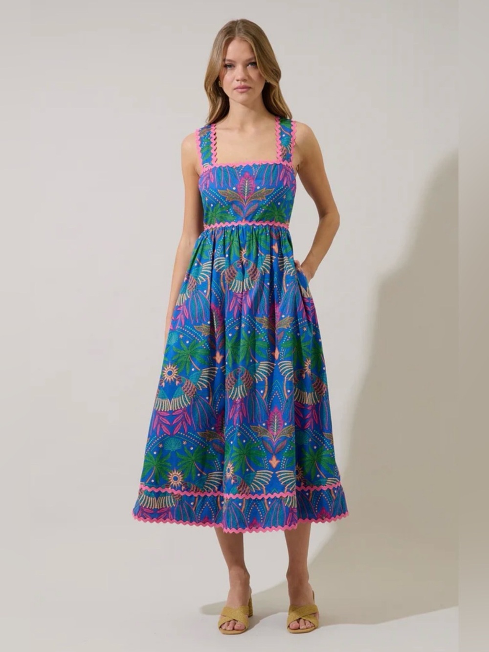 Sugarlips Blue Green Floral Midi Dress with Pink Trim - Picture 6 of 9